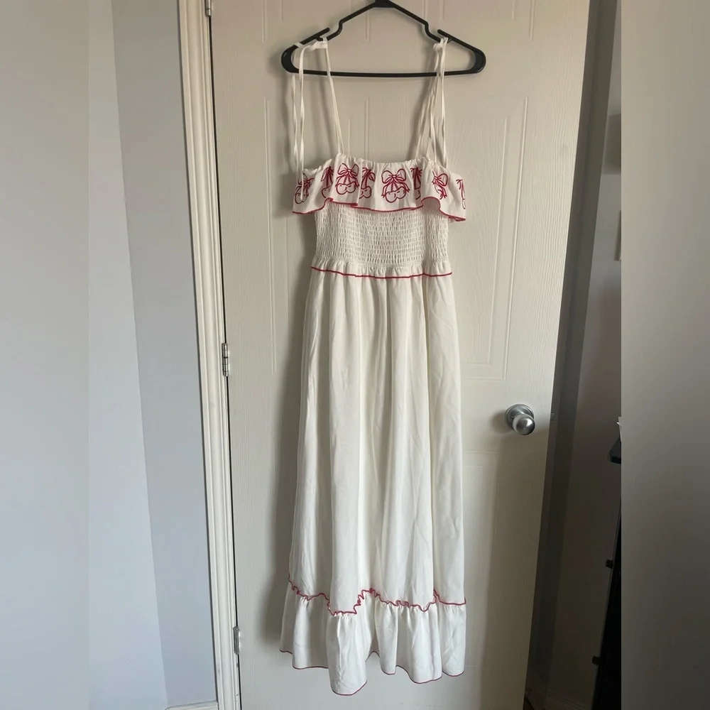 Embroidered Linen Midi Dress M Red White Countryside Cottage Classic Feminine - Picture 3 of 17